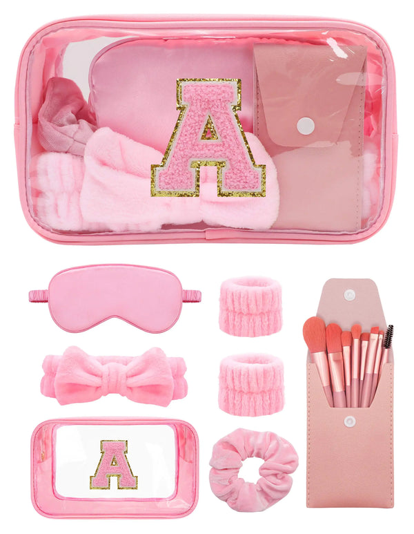 Gift Sets for Women Initial Makeup Bag with Makeup Brush Set Bachelorette Party Favors Pink Spa Kit with Skincare Headbands Wrist Bands Sleepover Party Supplies Gifts for Teen Girls Bridesmaid A