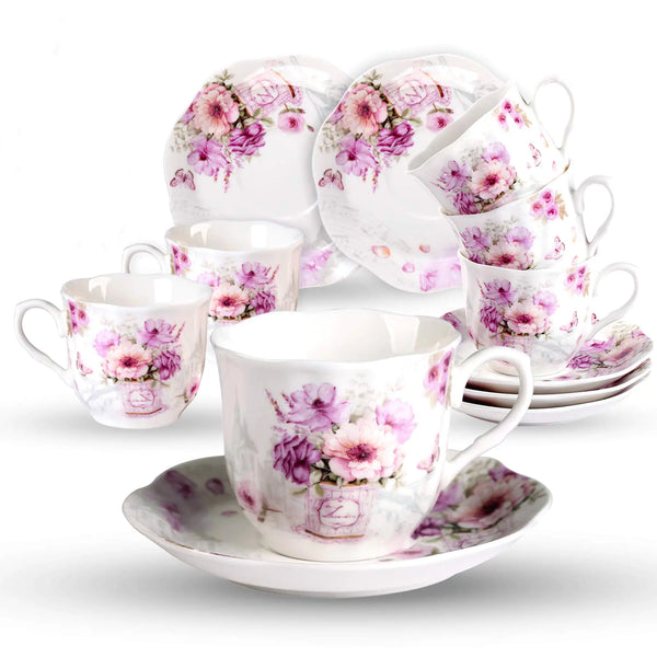 GuangYang China Tea Cups and Saucers Set of 6-7ounce/200ml - Tea Gift Sets for Adults - Purple Floral Porcelain TeaCup with Saucer for Tea Party(Total 12 Pieces)