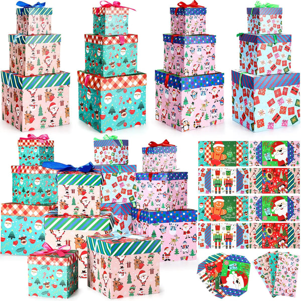 Tenceur 8 Sets Christmas Nesting Gift Boxes Assorted Sizes Holiday Xmas Boxes with Bow Lids Stackable Gift Wrap Boxes Decorative Square Stacking Boxes for Party Favor Supplies 4 Styles