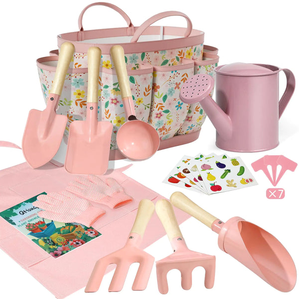 Qtioucp Kids Gardening Set 14Pcs Gardening Tools for Kids with Tote BagWatering Can Shovel Apron Garden Book and More Educational STEM Learning Outdoor Indoor for Toddlers Kids Boys Girls (Floral)